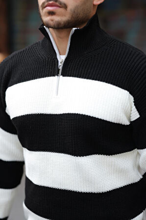 Oversize Çizgili Selanik Örgülü Yarım Fermuar Triko Erkek Kazak - Siyah