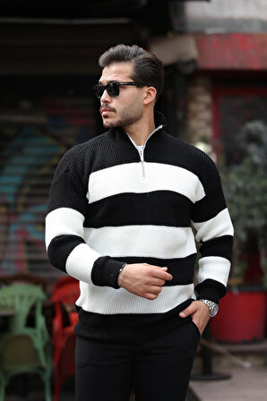 Oversize Çizgili Selanik Örgülü Yarım Fermuar Triko Erkek Kazak - Siyah