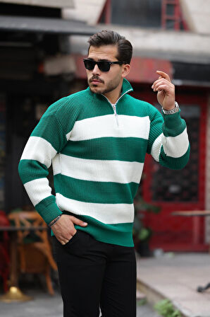 Oversize Çizgili Selanik Örgülü Yarım Fermuar Triko Erkek Kazak - Yeşil