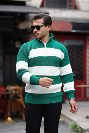 Oversize Çizgili Selanik Örgülü Yarım Fermuar Triko Erkek Kazak - Yeşil