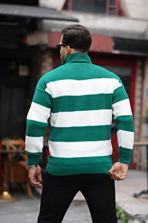 Oversize Çizgili Selanik Örgülü Yarım Fermuar Triko Erkek Kazak - Yeşil
