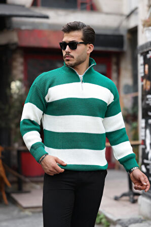 Oversize Çizgili Selanik Örgülü Yarım Fermuar Triko Erkek Kazak - Yeşil