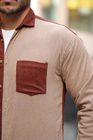 Kontrast Çift Renk Fitilli Kadife Gömlek - Koyu Kiremit