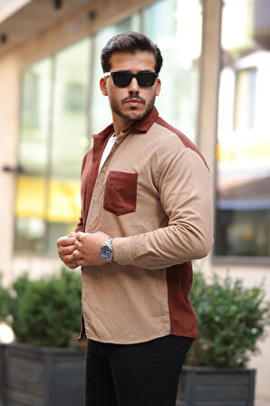 Kontrast Çift Renk Fitilli Kadife Gömlek - Koyu Kiremit