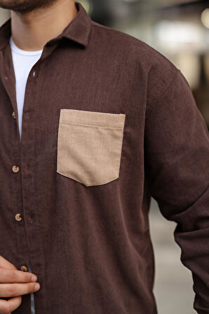 Cep Detaylı Fitilli Kadife Gömlek - Koyu Kahve