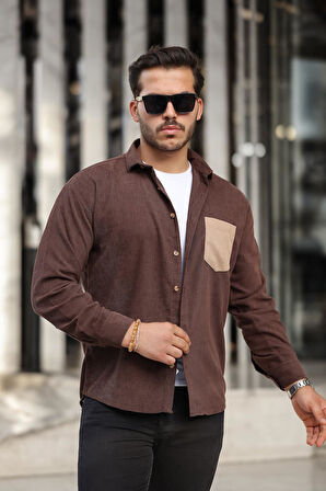 Cep Detaylı Fitilli Kadife Gömlek - Koyu Kahve