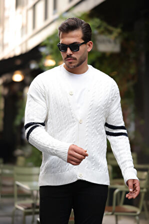 Saç Örgü Kolları Şerit Detaylı Triko Hırka - Ekru