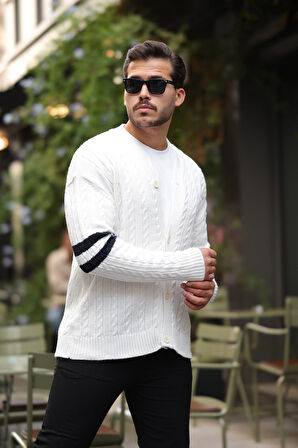 Saç Örgü Kolları Şerit Detaylı Triko Hırka - Ekru