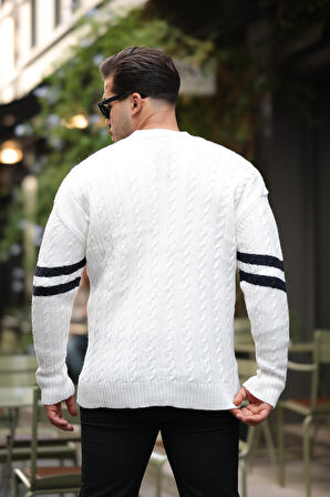 Saç Örgü Kolları Şerit Detaylı Triko Hırka - Ekru