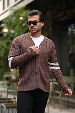 Saç Örgü Kolları Şerit Detaylı Triko Hırka - Kahve