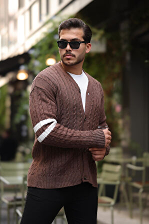 Saç Örgü Kolları Şerit Detaylı Triko Hırka - Kahve