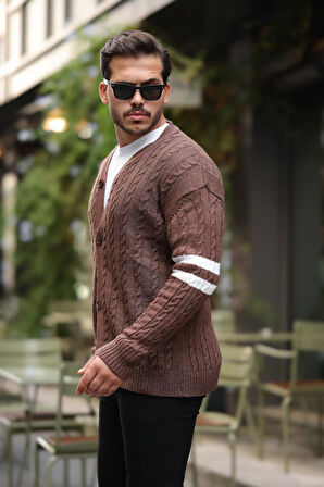 Saç Örgü Kolları Şerit Detaylı Triko Hırka - Kahve