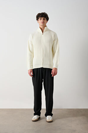 Fermuarlı Selanik Örgü Triko Hırka - Ekru