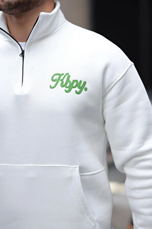 Cozy Kanguru Nakışlı Şardonlu Yarım Fermuar Sweatshirt - Ekru
