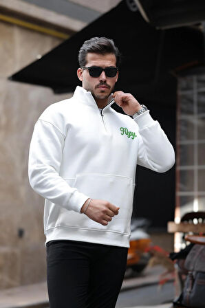 Cozy Kanguru Nakışlı Şardonlu Yarım Fermuar Sweatshirt - Ekru