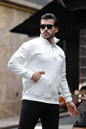 Cozy Kanguru Nakışlı Şardonlu Yarım Fermuar Sweatshirt - Ekru