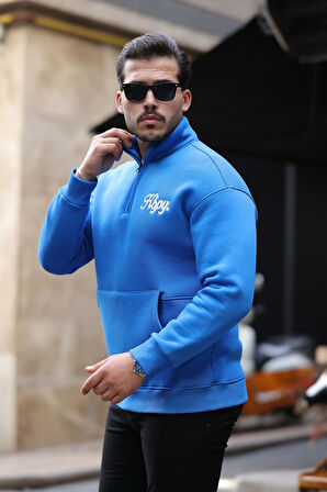 Cozy Kanguru Nakışlı Şardonlu Yarım Fermuar Sweatshirt - Mavi
