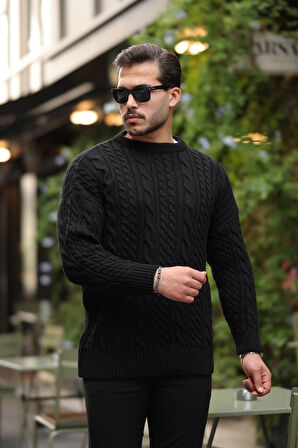 Comfort Fit Saç Örgü Bisiklet Yaka Triko Kazak - Siyah