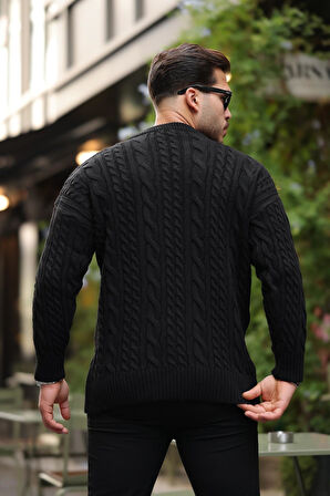 Comfort Fit Saç Örgü Bisiklet Yaka Triko Kazak - Siyah