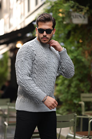 Comfort Fit Saç Örgü Bisiklet Yaka Triko Kazak - Füme