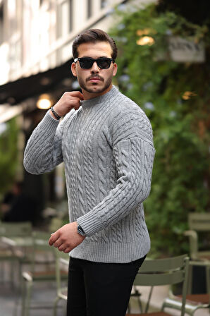 Comfort Fit Saç Örgü Bisiklet Yaka Triko Kazak - Füme