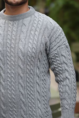 Comfort Fit Saç Örgü Bisiklet Yaka Triko Kazak - Füme