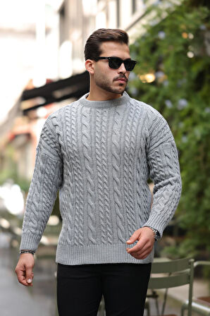 Comfort Fit Saç Örgü Bisiklet Yaka Triko Kazak - Füme