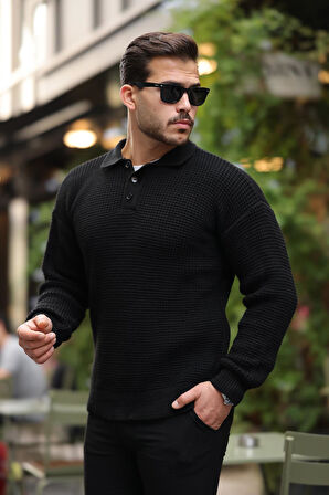 Modern Fit Polo Yaka Çizgili Triko Kazak - Siyah