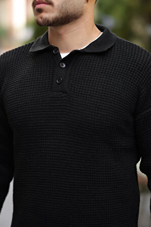 Modern Fit Polo Yaka Çizgili Triko Kazak - Siyah