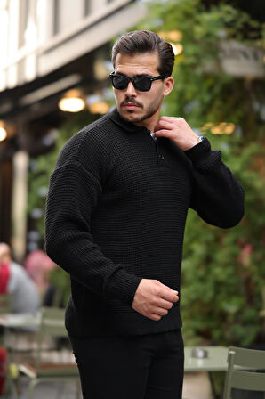 Modern Fit Polo Yaka Çizgili Triko Kazak - Siyah