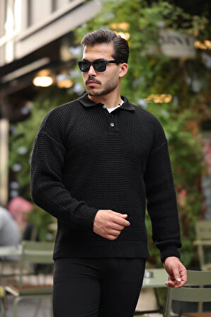 Modern Fit Polo Yaka Çizgili Triko Kazak - Siyah