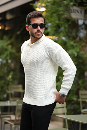 Modern Fit Polo Yaka Çizgili Triko Kazak - Ekru