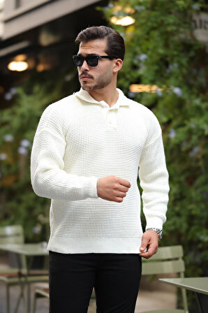 Modern Fit Polo Yaka Çizgili Triko Kazak - Ekru