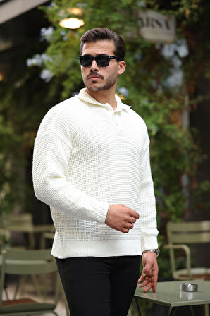 Modern Fit Polo Yaka Çizgili Triko Kazak - Ekru