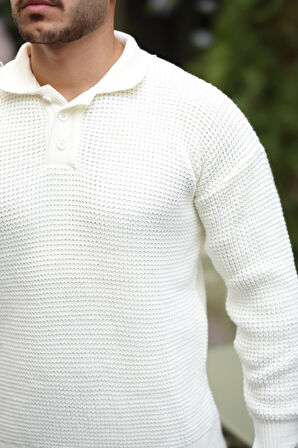 Modern Fit Polo Yaka Çizgili Triko Kazak - Ekru