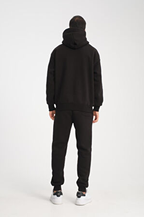 Oversize Puf Baskılı Erkek CozyFit Şardonlu Eşofman Takımı - Siyah