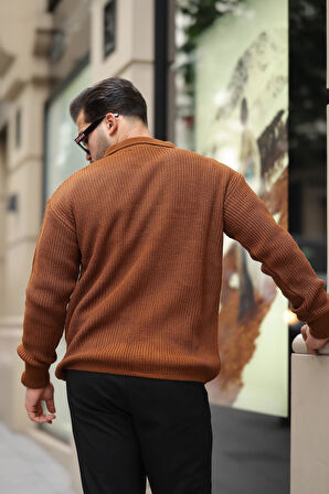 Oversize Selanik Örgü Düğmeli Erkek Hırka- Kahve