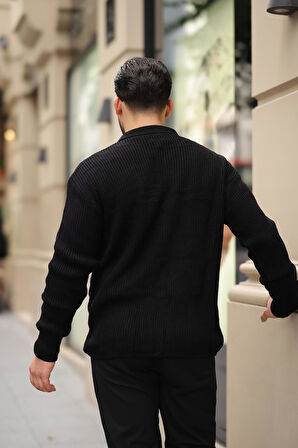 Oversize Selanik Örgü Düğmeli Erkek Hırka-Siyah