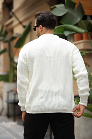 Oversize Selanik Örgü Düğmeli Erkek Hırka- Ekru