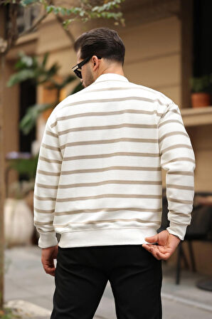 Oversize Çizgili Düğmeli Erkek Hırka - Bej