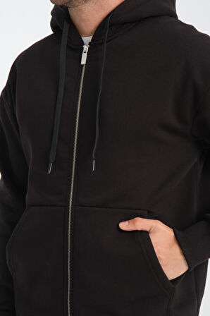 İçi Peluş Üç İplik Kumaş Oversize Fermuarlı Kapüşonlu Sweatshirt- Siyah