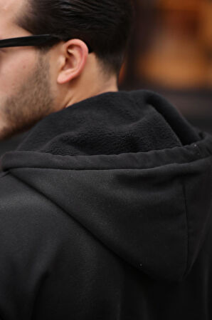 İçi Peluş Üç İplik Kumaş Oversize Fermuarlı Kapüşonlu Sweatshirt- Siyah