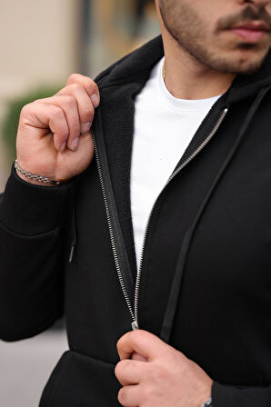 İçi Peluş Üç İplik Kumaş Oversize Fermuarlı Kapüşonlu Sweatshirt- Siyah