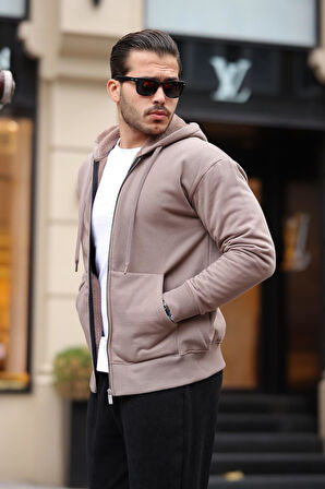 İçi Peluş Üç İplik Kumaş Oversize Fermuarlı Kapüşonlu Sweatshirt- Bej