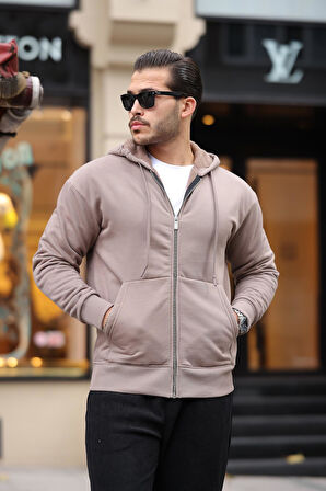 İçi Peluş Üç İplik Kumaş Oversize Fermuarlı Kapüşonlu Sweatshirt- Bej