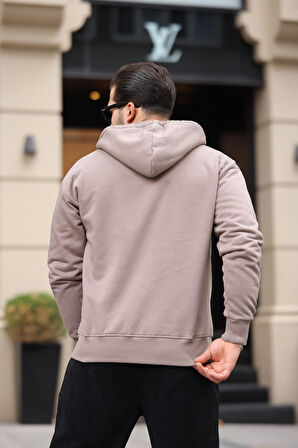 İçi Peluş Üç İplik Kumaş Oversize Fermuarlı Kapüşonlu Sweatshirt- Bej