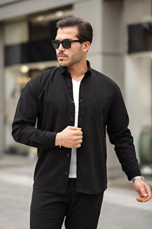Tek Cepli Oversize Gabardin Kumaş Erkek Gömlek - Siyah