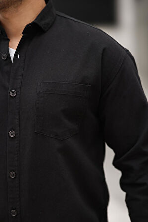 Tek Cepli Oversize Gabardin Kumaş Erkek Gömlek - Siyah