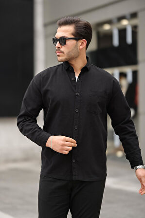 Tek Cepli Oversize Gabardin Kumaş Erkek Gömlek - Siyah