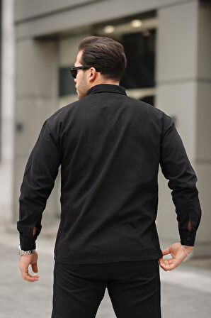Tek Cepli Oversize Gabardin Kumaş Erkek Gömlek - Siyah